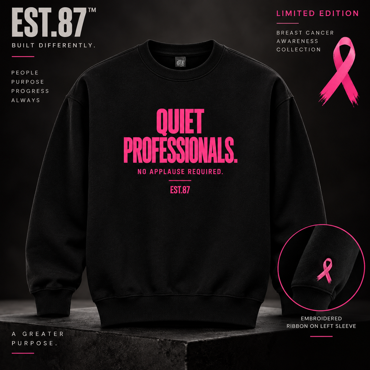 Limited Edition EST 87 Breast Cancer Awareness Quiet Professionals Crewneck